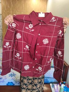 Maroon Embroidered Button-Up Shirt for women