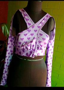 Purple Heart Print Crisscross Crop Top