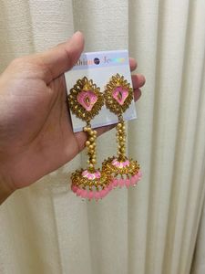 Elegant Pink &amp; Gold Jhumka Earrings
