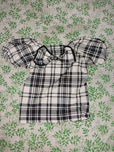 Plaid Puff Sleeve Top with Bow Detail