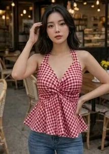 Women  Check Halter Neck Cotton Top with free gift