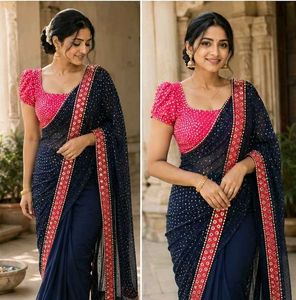 Elegant Navy Blue Saree with Pink Blouse