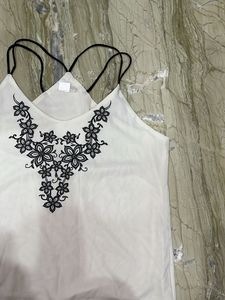 White Cami Top with Black Floral Embroidery