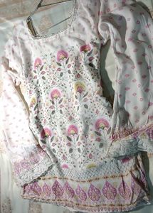 white &amp; pink floral printed lace kurti