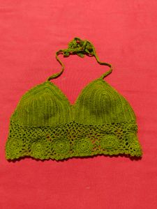 Olive Green Crochet Halter Bralette Top