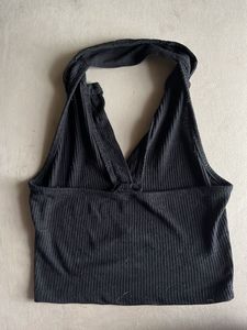 Ribbed Black Halter Crop Top