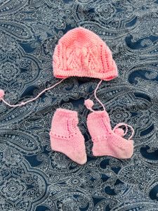 Handmade Pink Baby Knit Hat &amp; Booties Set