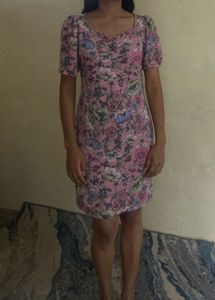 Pink Floral Print Puff Sleeve Mini Dress