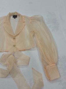 designer Sheer Puff Sleeve Cropped Blazer Top