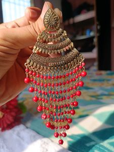 Antique Gold Chandelier Earrings with Red Beads