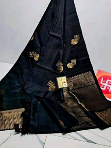Elegant Black Banarasi Saree with Gold Embellishme