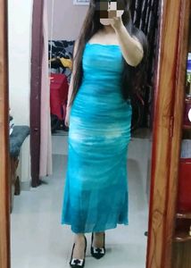 Blue y2k beach dress.Ombre Strapless Maxi Dress