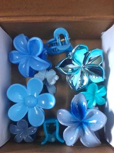 10 Blue Flower Hair Clips Set