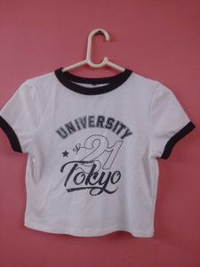 White Crop Top University Tokyo Print