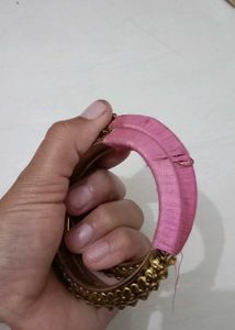 Elegant Gold Tone Bangles with Pink Thread Work