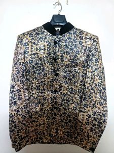 Men’s Printed Jodhpuri Blazer – Black &amp; Gold Flora