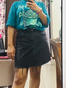 Black Denim Mini Skirt with Stripe Detail
