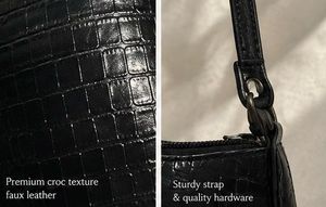 Chic Black Faux Leather Croc Shoulder Bag