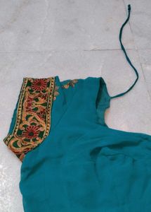 Teal Saree Bronze Embroidery with blouse
