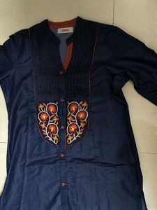 Stylish Embroidered Denim Kurta