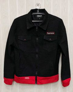 Men’s Black Denim Jacket with Red Accents