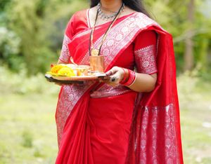 Elegant Red Silk Saree with Silver Border