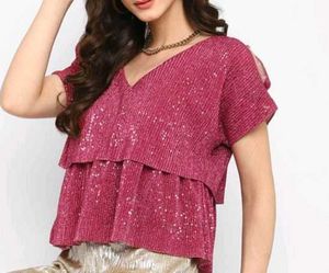 Sparkly Cold Shoulder Pleated Top
