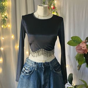 Black Velvet Crop Top with Rhinestone Fringe