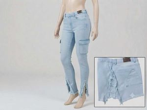 Light Wash Frayed Hem Cargo Jeans