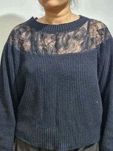 Black Lace Detail Knit Sweater