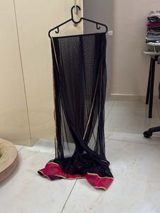 Elegant Navy Blue Net Dupatta with Pink Border