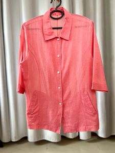 Coral Linen Blend Open Collar Shirt