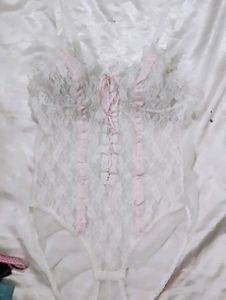 White Lace Teddy with Pink Ribbons