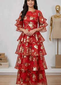 Red Floral crop top and long skirt