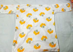 Short White Kurta with Yellow Floral Print