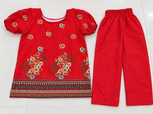 Kids Red Ethnic Floral Kurti Set