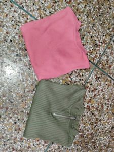 Chic Ribbed Tops - Pink & Olive Green Set