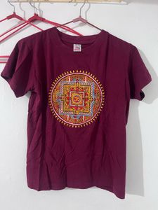 Maroon T-Shirt with Om Mandala Print