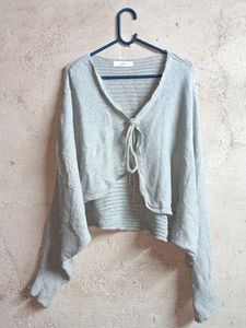 Light Grey Tie-Front Knit Sweater Shrug
