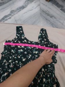 Dark Green Floral Print cotton Stretchable Dress