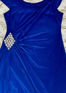 Elegant Blue Ruched Dress with Rhinestone Accent