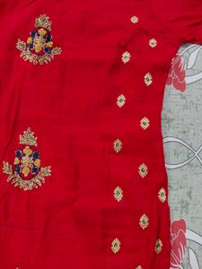 Red Embroidered Kurti with Navy Banarasi Dupatta