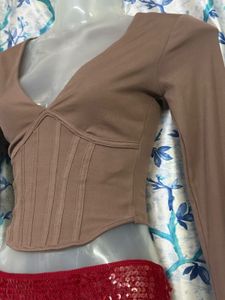 Taupe Corset Style Long Sleeve Top