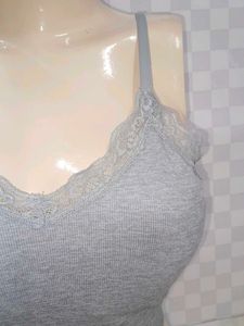 (1300)Grey Lace Trim Crop Top