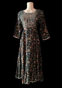 Elegant Floral Printed Anarkali Maxi Dress with Em