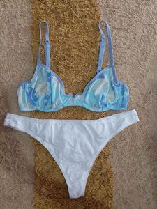 Light Blue Floral Bra &amp; White Thong Set