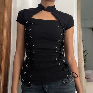 Edgy Black Cutout Lace-Up Top