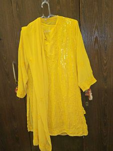 Yellow sequin sheer Kurta Set with Dupatta