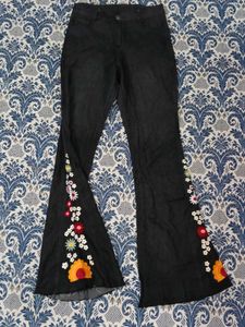Black Flared Jeans with Floral Embroidery
