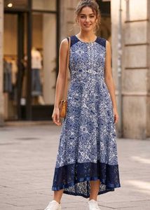 Blue & White Printed Dress with Lace